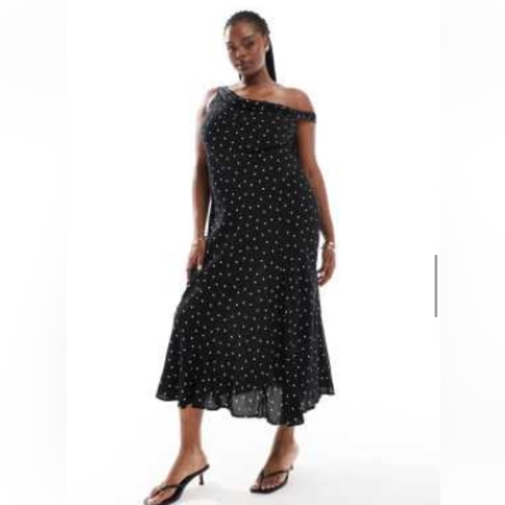 ASOS DESIGN Curve one shoulder strap midi slip dress in mono spot